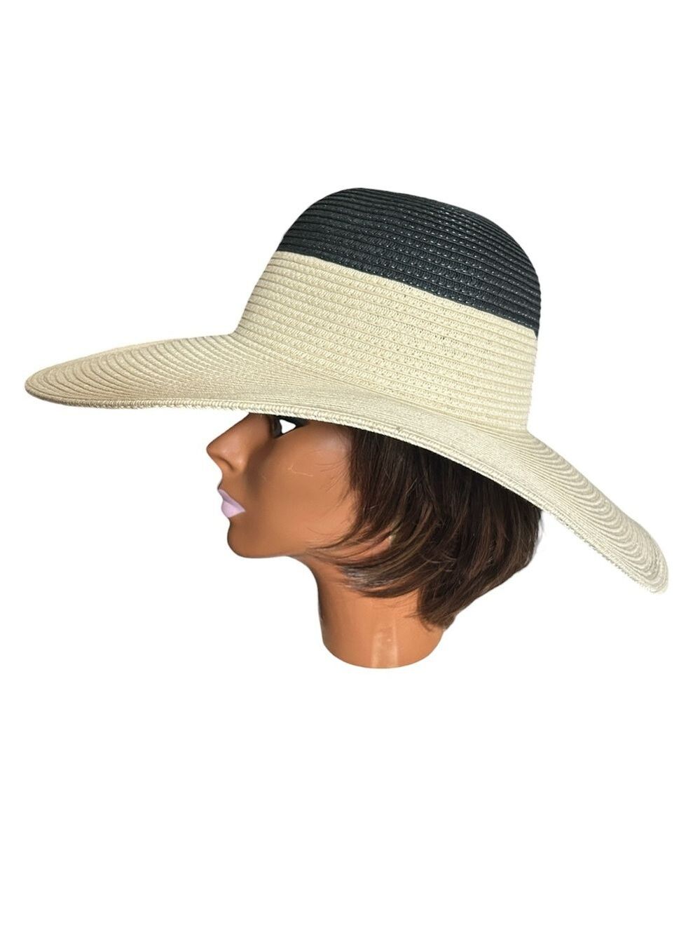 Magid Color Block Black and Natural Paper Straw Floppy Beach Sun Hat